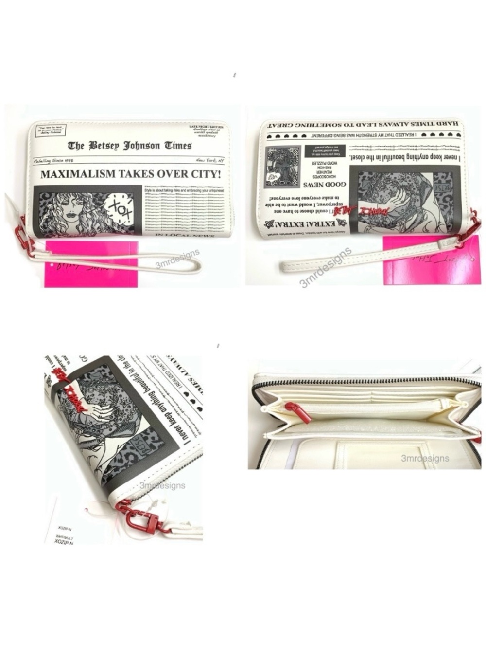 NWT Betsey Johnson💋NEWSPAPER Soft Faux Leather Zip-around Large Wristlet/Wallet